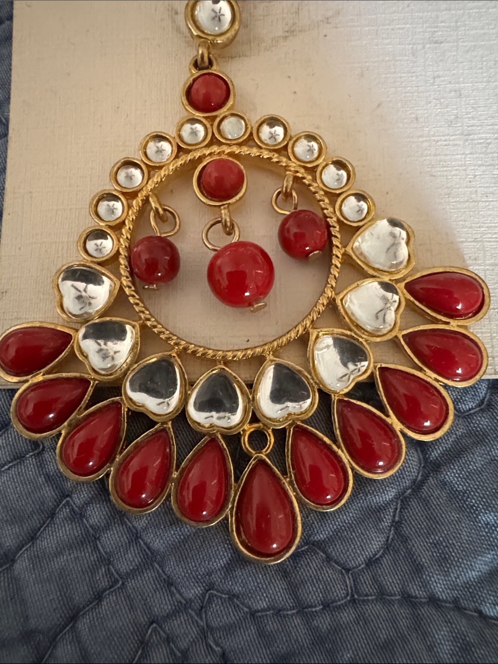 Amrita Singh Red and Gold Enamel Kundan Chandbali Earrings - Picture 3 of 4